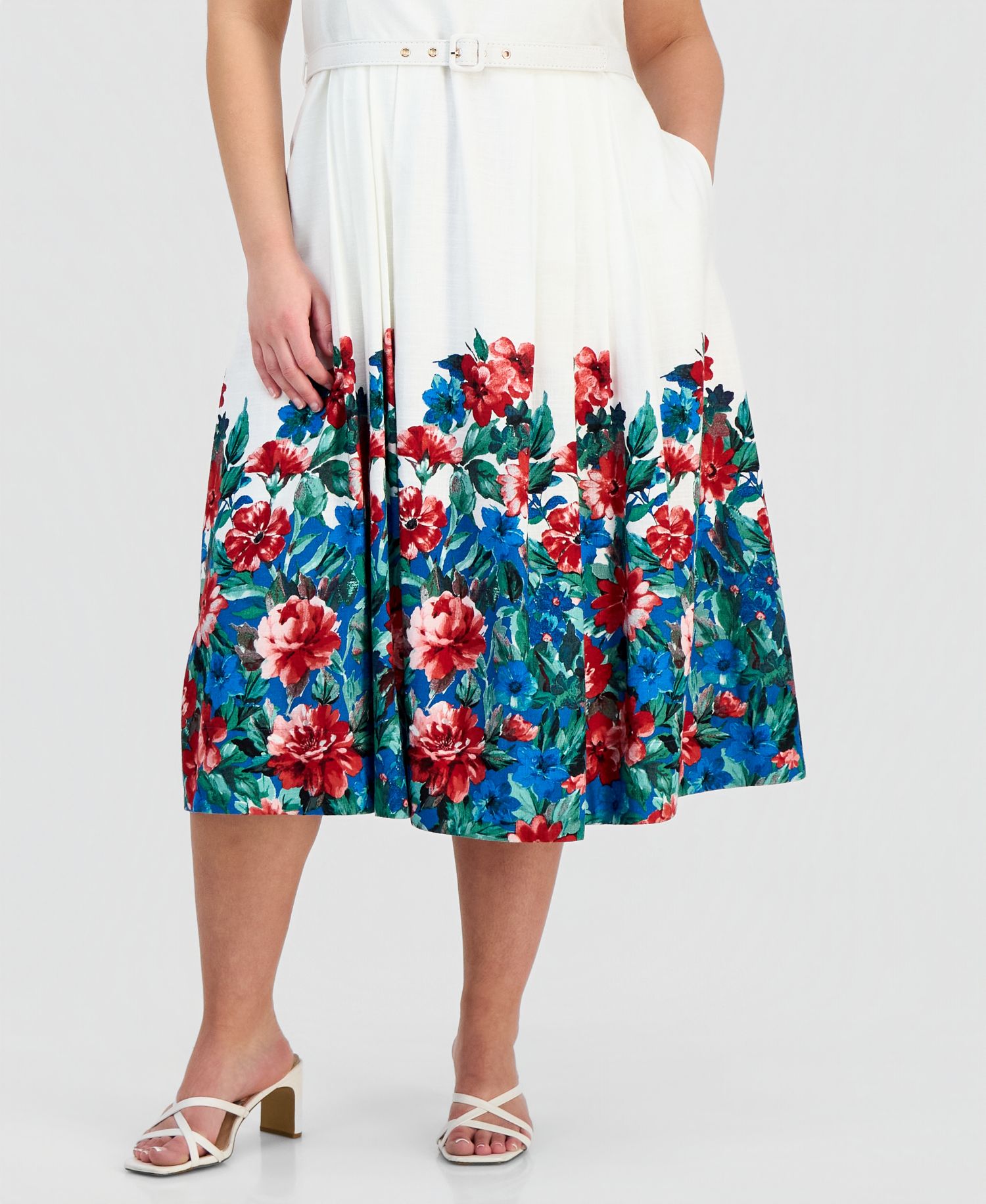 Plus Size Border-Print Sleeveless Belted Dress