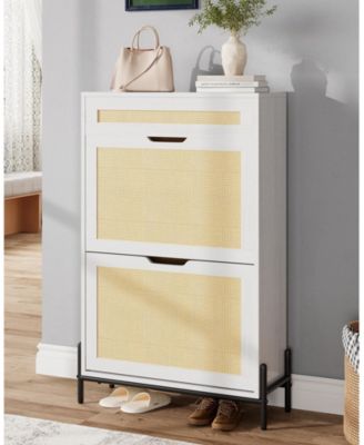 Rattan Shoe Cabinet Storage with 2 Flip Drawers and Top Drawer, Freestanding Shoe Organizer Wooden Slim Shoe Rack Storage