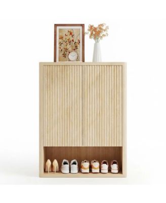 2 Fluted Doors with 5 Tier Shoe Cabinet, Freestanding Entryway Storage Cabinet with Adjustable Shelves for Living Room, Hallway, Porch, Oak