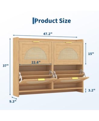 Rattan Shoe Storage Cabinet with 4 Flip Drawers, Free Standing Wooden Shoe Storage Organizer Cabinet with Adjustable Shelves