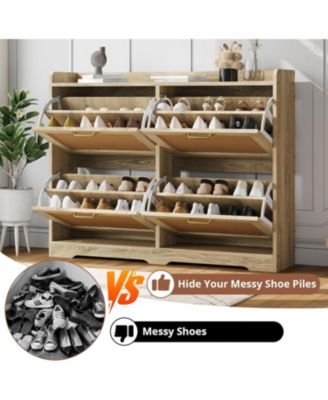 Rattan Shoe Cabinet with 4 Flip Drawers, Hidden Wood Shoe Storage Organizer Cabinet, Wide Freestanding Breathable Shoe Rack Cabinet