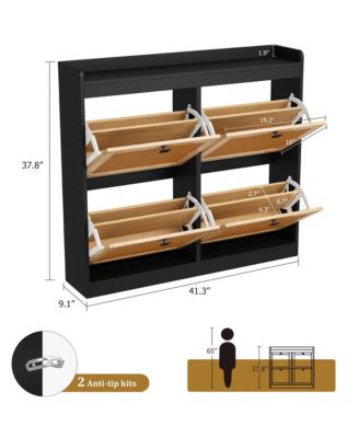 2Pcs Shoe Cabinet Rattan with 4 Flip Drawers, Wooden Freestanding Shoe Organizer with Adjustable Shelves, Shoe Storage for Entryway