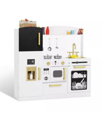 Wooden Pretend Play Kids Kitchen, Toy Kitchen Playset w/Oven, Microwave for Boys Girls Age 3+