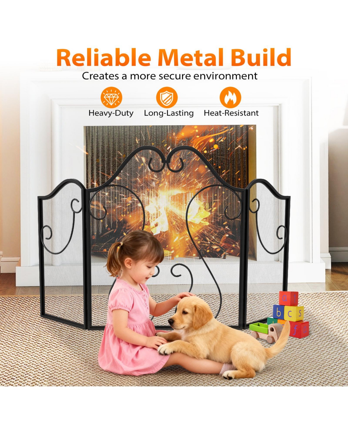 Sugift Three Panel Fireplace Screen Foldable Spark Guard with Scrollwork