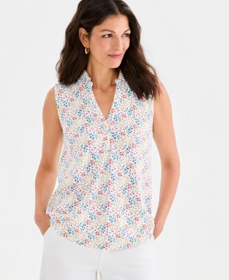 Women's Printed Johnny-Collar Sleeveless Top