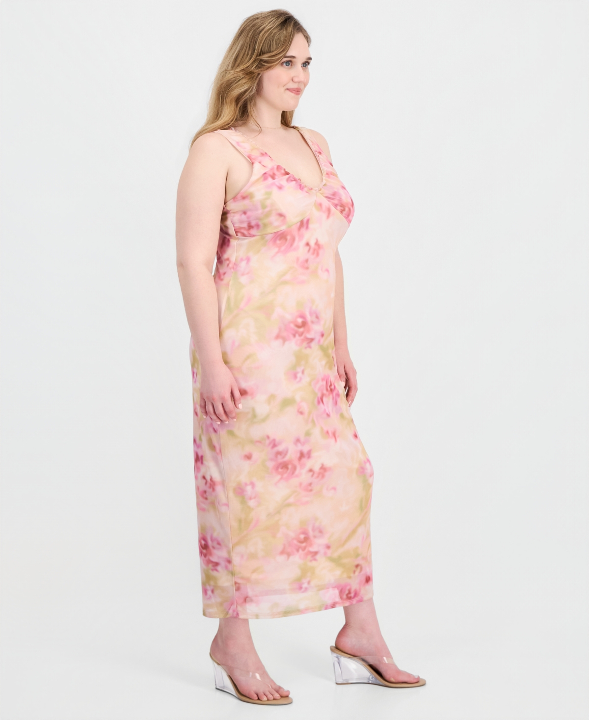 Planet Gold Trendy Plus V-Neck Printed Mesh Maxi Dress