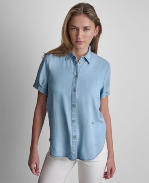 Женская рубашка DKNY Jeans Print Rolled Short-Sleeve Shirt, цвет: Шамбре
