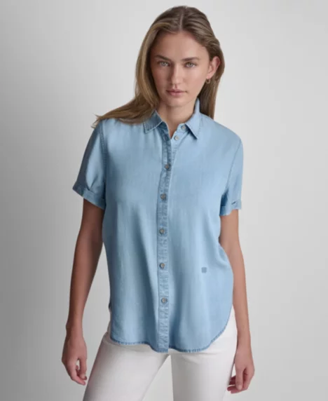 Petite Chambray Rolled Short-Sleeve Button-Up Shirt - Chambray