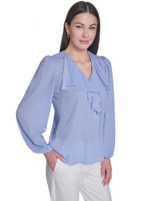 Women's V-Neck Striped Ruffle Blouse