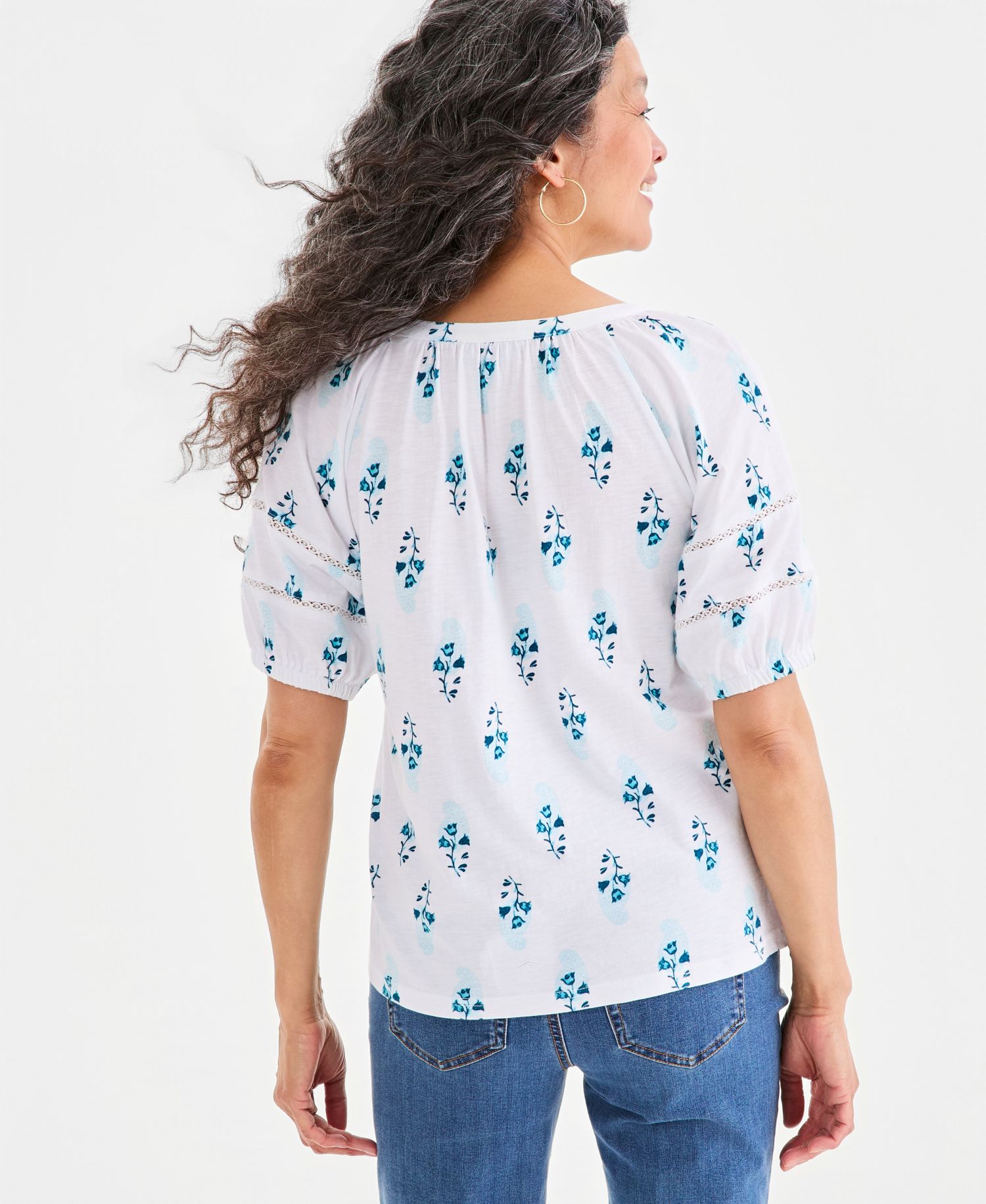 Petite Elbow-Length Sleeve Split Neck Top