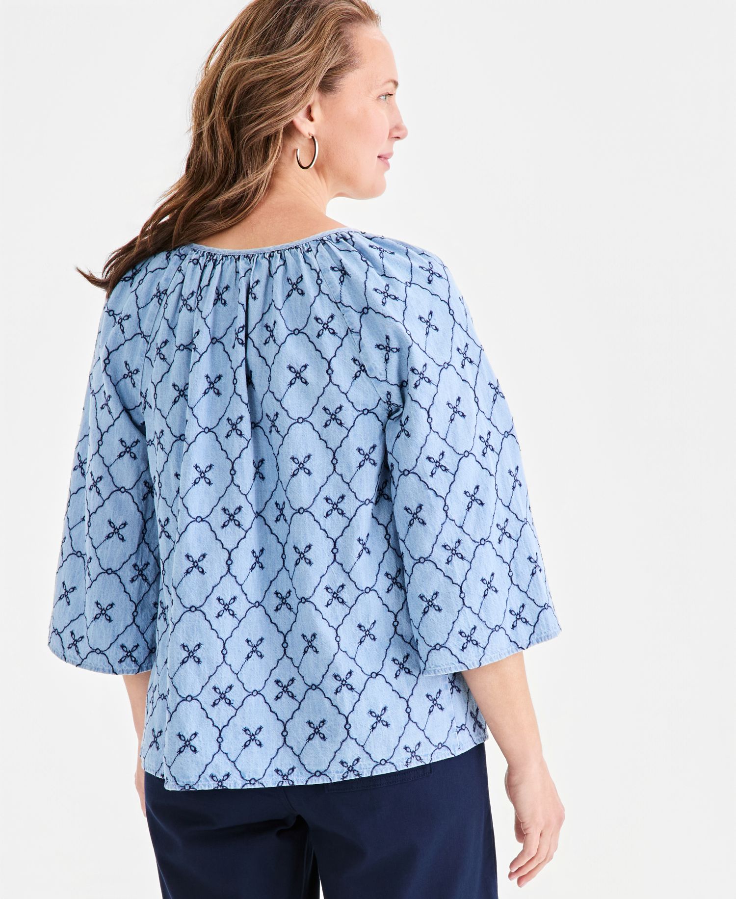 Women's Chambray Split-Neck Embroidery Top