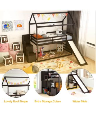 Loft Bed w/ Slide and Storage Staircase Twin Over Twin House-shaped Bunk Bed