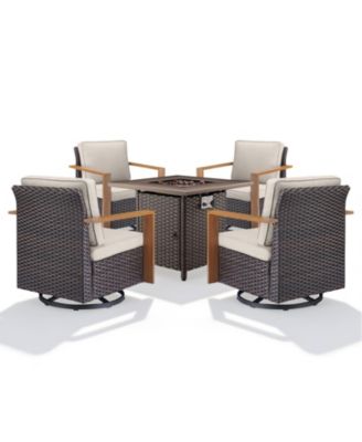 5-piece patio set with 4 swivel rattan chairs, thick cushions, and a 30-inch propane fire pit table for cozy outdoor gatherings.