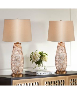 Cottage Table Lamps High Set of 2 Mother of Pearl Tile Vase Drum Shade for Living Room Family Bedroom Bedside Office