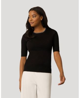 Women's Elbow Sleeve Pick Stitch Trim Sweater