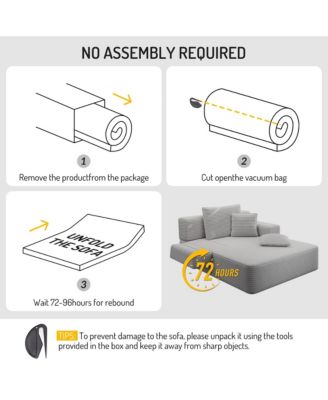 Plush Corduroy Convertible Chaise Chair, Sofa Bed with Storage Pocket and 3 Pillows, Frameless Design and Compression Foam for Living Room