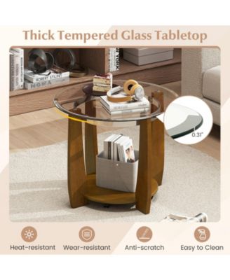 Two Tier Round Glass Coffee Table with Storage Shelf