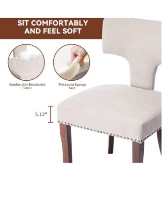 Modern Wooden Dining Chairs Set of 2 - Linen Upholstered Kitchen Chairs with Curved Backrest, Copper Nails for Dining Room