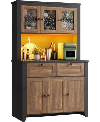 Pantry Cabinet with Charging Station, Farmhouse Kitchen Pantry Storage Cabinet with Countertop, Large Kitchen Hutch with Storage Drawers
