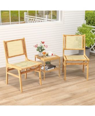 Rattan Dining Chair with Cane Backrest and Wood Frame