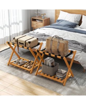 Set of Two Folding Luggage Racks with Straps and Shelf