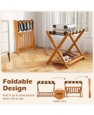 Set of Two Folding Luggage Racks with Straps and Shelf