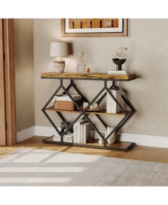 Farmhouse Industrial Console Table, 3-Tier Narrow Sofa Table, Metal Frame, Open Storage Shelves