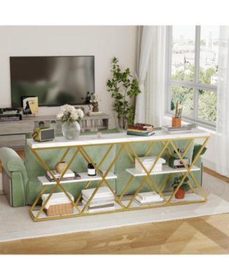 Industrial 3-Tier Console Table with Open Storage, X-Frame Metal, Narrow Sofa Table