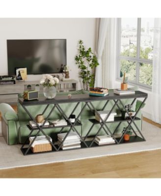 Industrial 3-Tier Console Table with X Metal Frame, Sofa Table with Storage Shelves, Entryway or Living Room