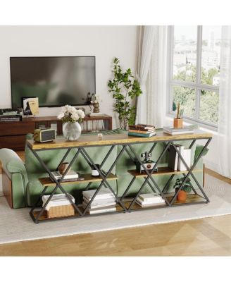 Industrial 3-Tier Entryway Table, Double X Metal Frames, 2 Storage Shelves, Rustic Wood, Living Room or Hallway