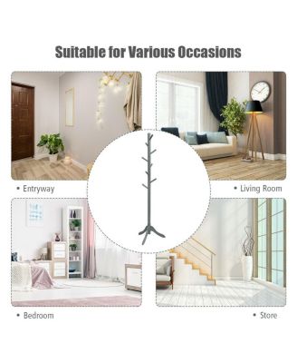 Adjustable Wooden Tree Coat Rack with Eight Hanging Hooks