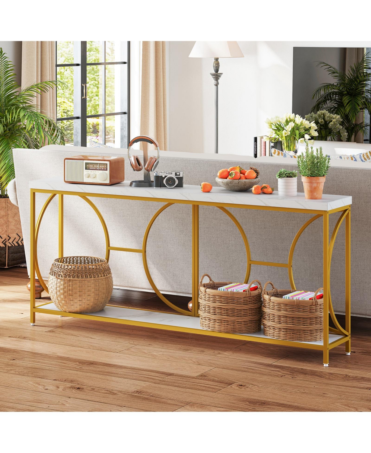 Sugift Two Tier Console Table with Faux Marble Top and Shelf