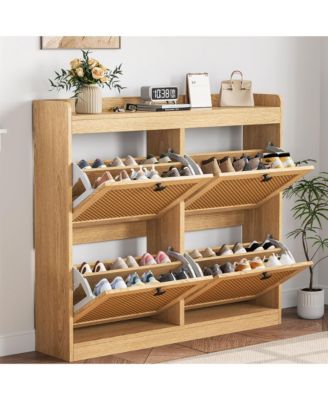Shoe Cabinet Rattan with 4 Flip Drawers, Wooden Freestanding Shoe Organizer with Adjustable Shelves, Shoe Storage for Entryway, Closet, Hallway