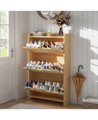 3 Flip-Drawer Shoe Storage Cabinet - Free Standing Narrow Organizer with Rattan Doors for Entryway and Hallway