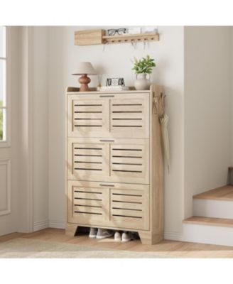 Freestanding Shoe Storage Cabinet with 3 Flip Drawers and Side Hooks