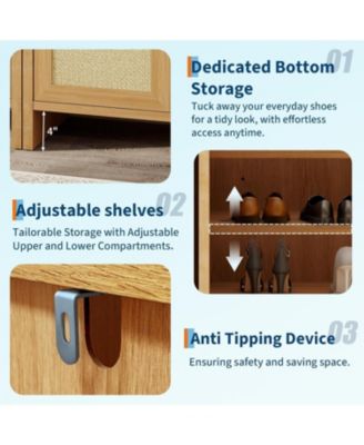 Freestanding Wooden Rattan Shoe Cabinet with Adjustable Shelves and Guardrail Top