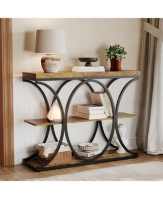 39" Narrow Console Table for Entryway, Industrial 3-Tier Sofa Table, Round Metal Base, Storage Shelves