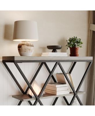 Industrial 3-Tier Entryway Table, Double X Metal Frames, 2 Storage Shelves, Rustic Wood, Living Room or Hallway
