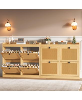 Wooden Rattan Shoe Cabinet with 4 Flip Drawers and Adjustable Shelves