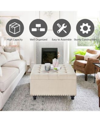 Square Storage Ottoman - Upholstered Button Tufted, wooden legs and Nail Trims for Living Room, Bedroom