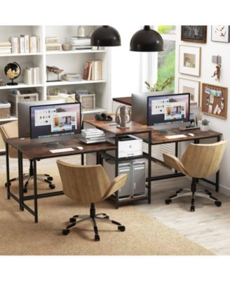 Two Person Computer Desk with Power Outlet and Printer Stand