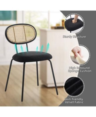 Set of 2 Mid-Century Rattan Dining Chairs with Velvet Upholstered Seat and Sturdy Metal Legs