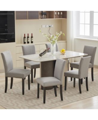 Set of 6 Linen Upholstered Parsons Dining Chairs with Nailhead Trim, Kitchen and Dining Room Seating