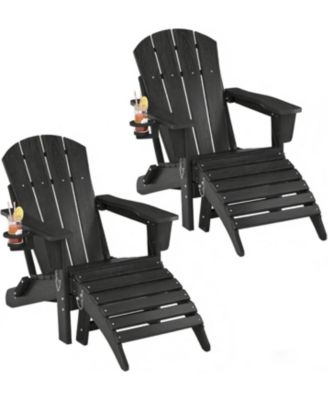 Folding Adirondack Chair Set of 4 with Ottoman HDPE Outdoor Patio Chair with Cup Holder All Weather Resistent Wooden Textured for patios, Decks