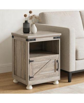 Small Bedside Cabinet, Farmhouse Storage Nightstand with Open Shelf and Cupboard for Living Room, Bedroom,