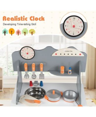 Wooden Play Kitchen Pretend Toy with Clock, Gift Set for Boys & Girls Ages 3