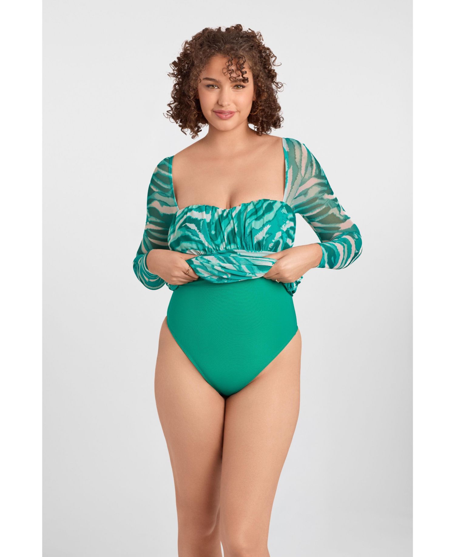 Women's Shirred Mesh Sweetheart Long Sleeve Sculpting Mini Dress