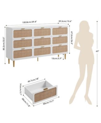 Rattan 9 Drawer Dresser Tall Modern Closet Deep Storage for Bedroom