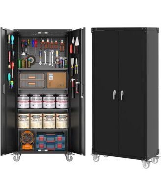 Metal Garage Storage Cabinet with Doors and Wheels, 72" High Lockable Storage with 4 Adjustable Shelves and Pegboard, for Garage Workshop