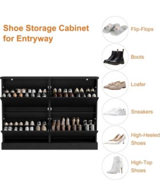 Fluted Shoe Cabinet with 4 Flip Drawers and Adjustable Removable Shelves, Freestanding Slim Shoe Organizer